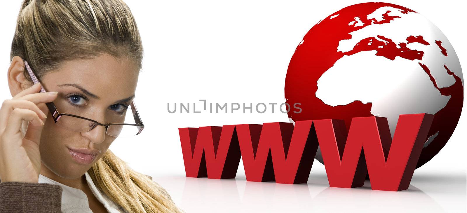 woman  and three dimensional world wide web with globe on an isolated white background