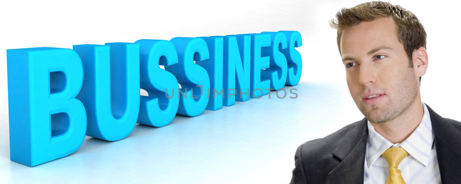 handsome man and three dimensional business word on an isolated white background