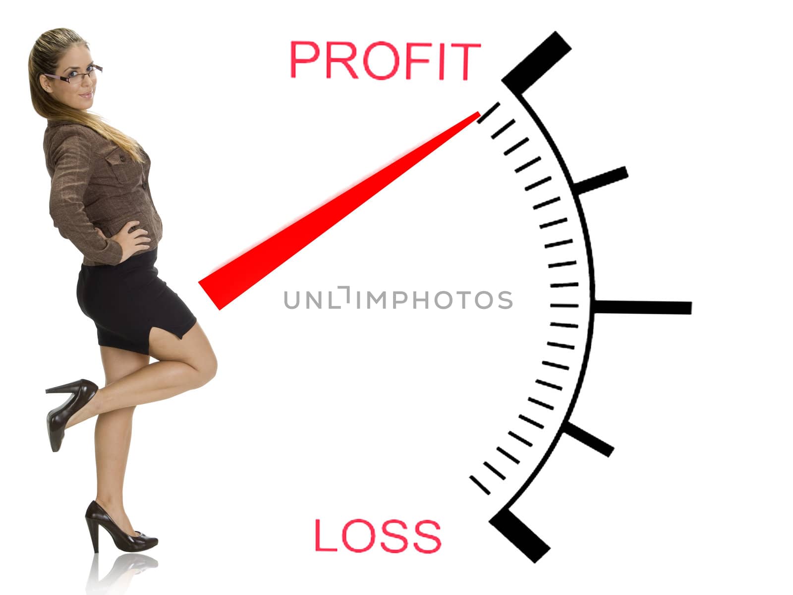 beautiful woman posing near profit loss meter on an isolated white background