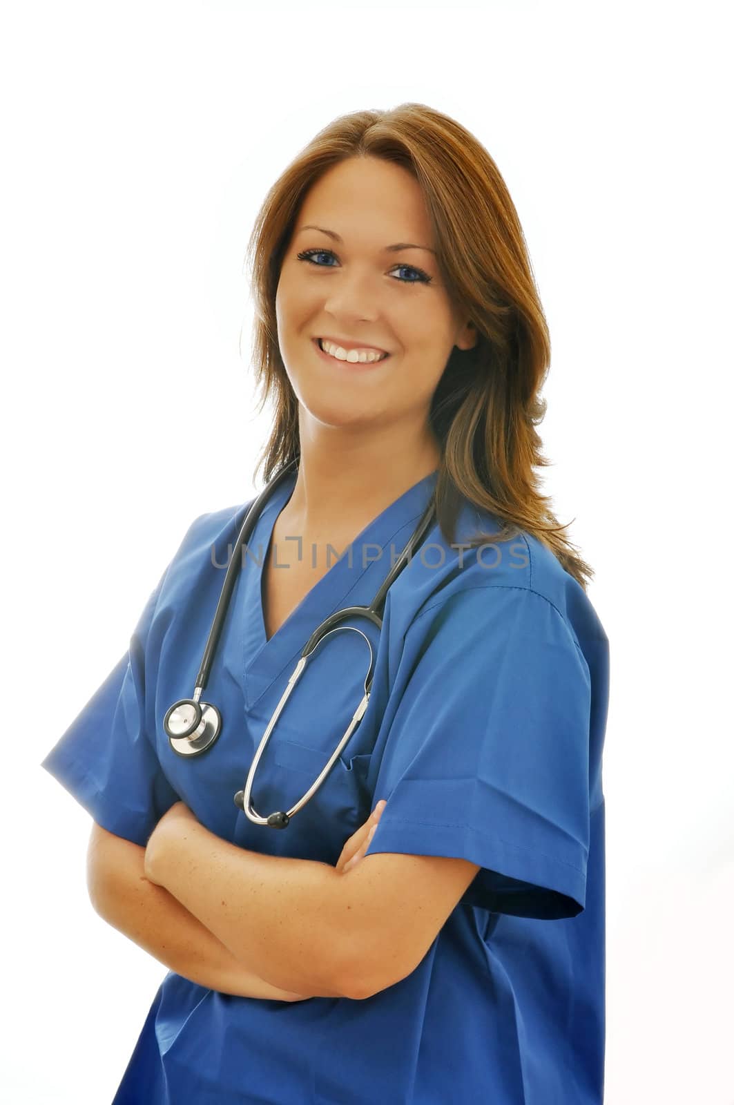 Smiling female nurse with stethoscope around neck isolated on white background. 