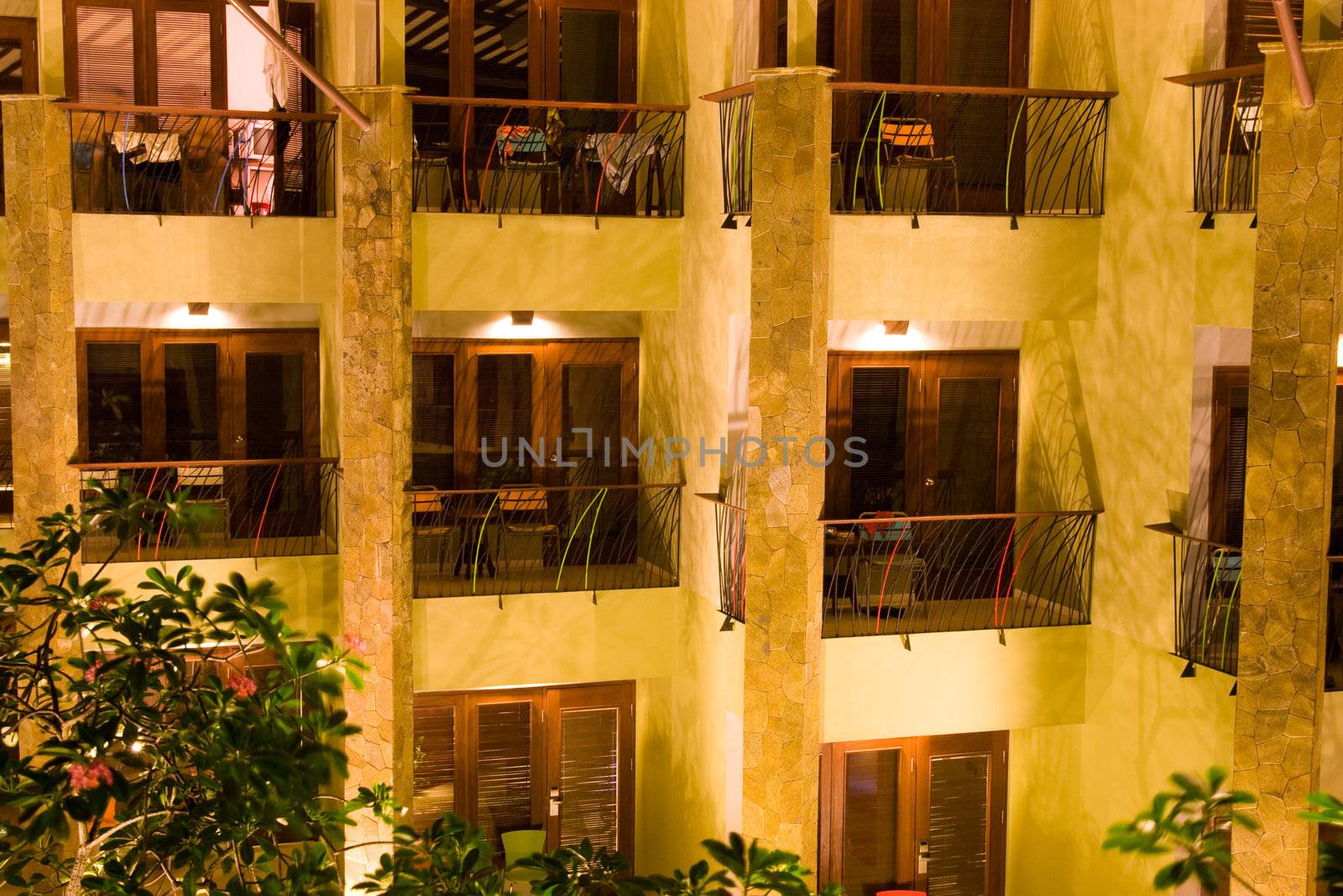 Hotel rooms with balcony in three floors.