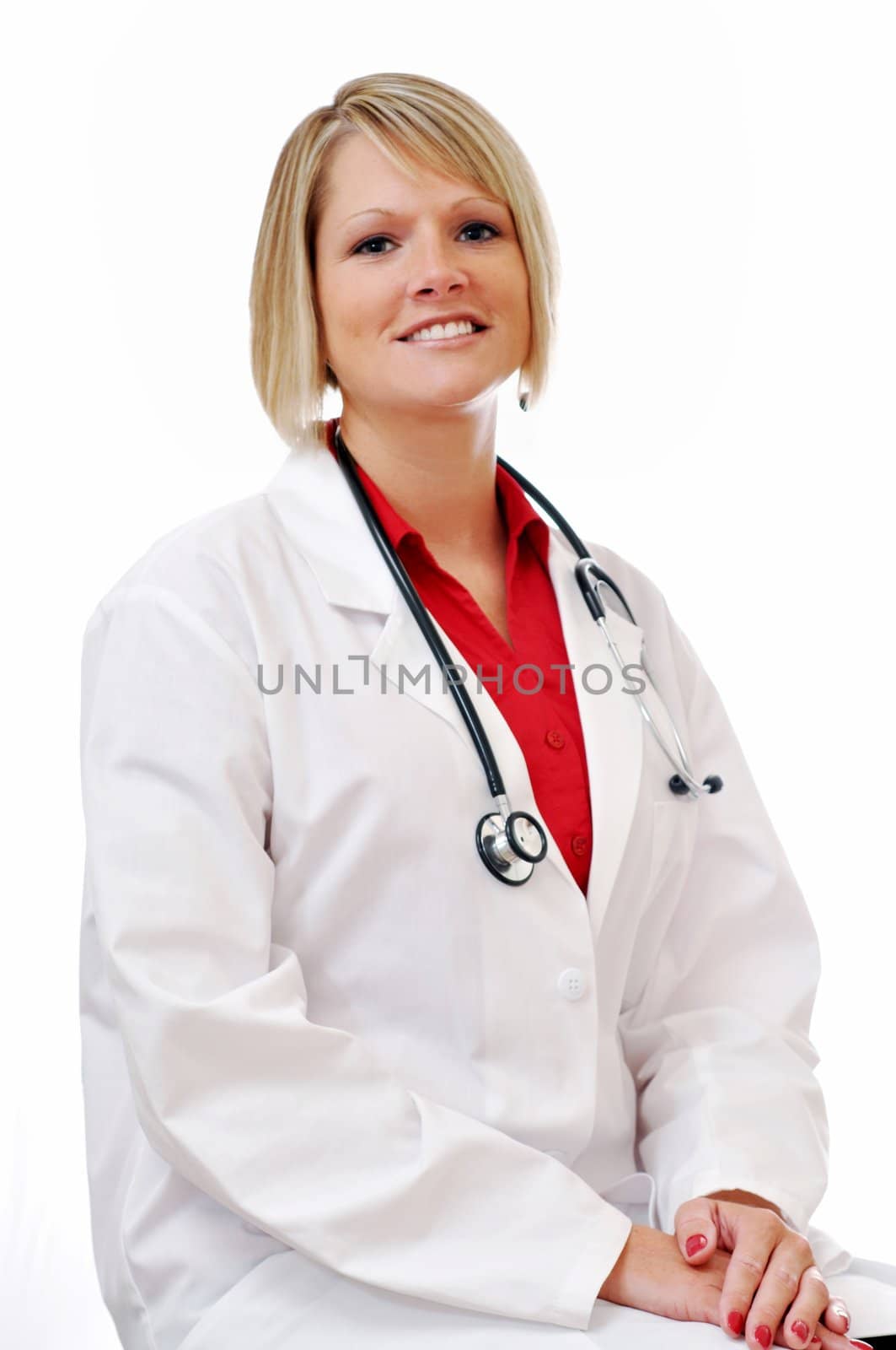 Female doctor with stethoscope isolated on white background.