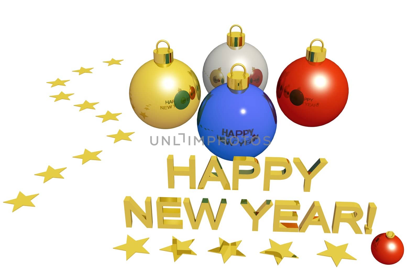 3d render of stars balls and text for New Year