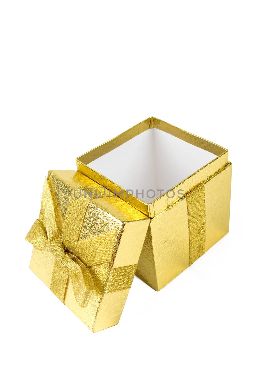 Opened golden shining gift box isolated on white.