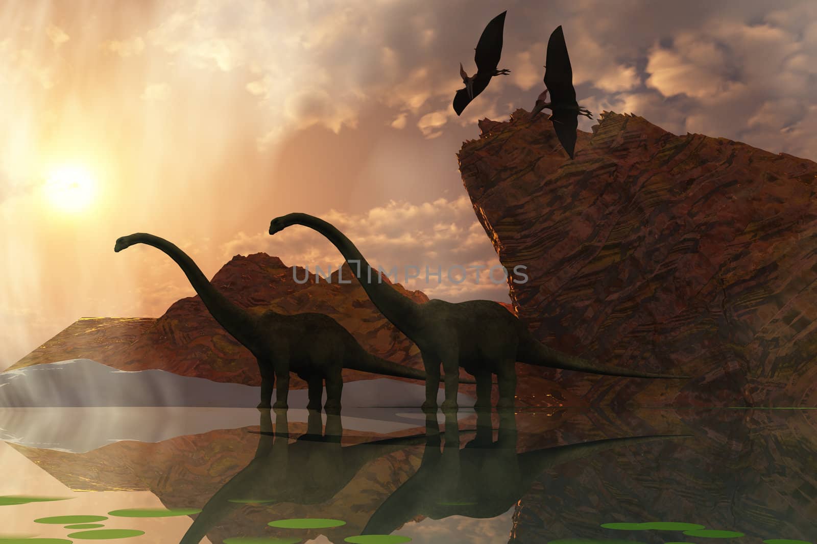 Two diplodocus dinosaurs and two flying pterodactyl birds greet the early morning mist.