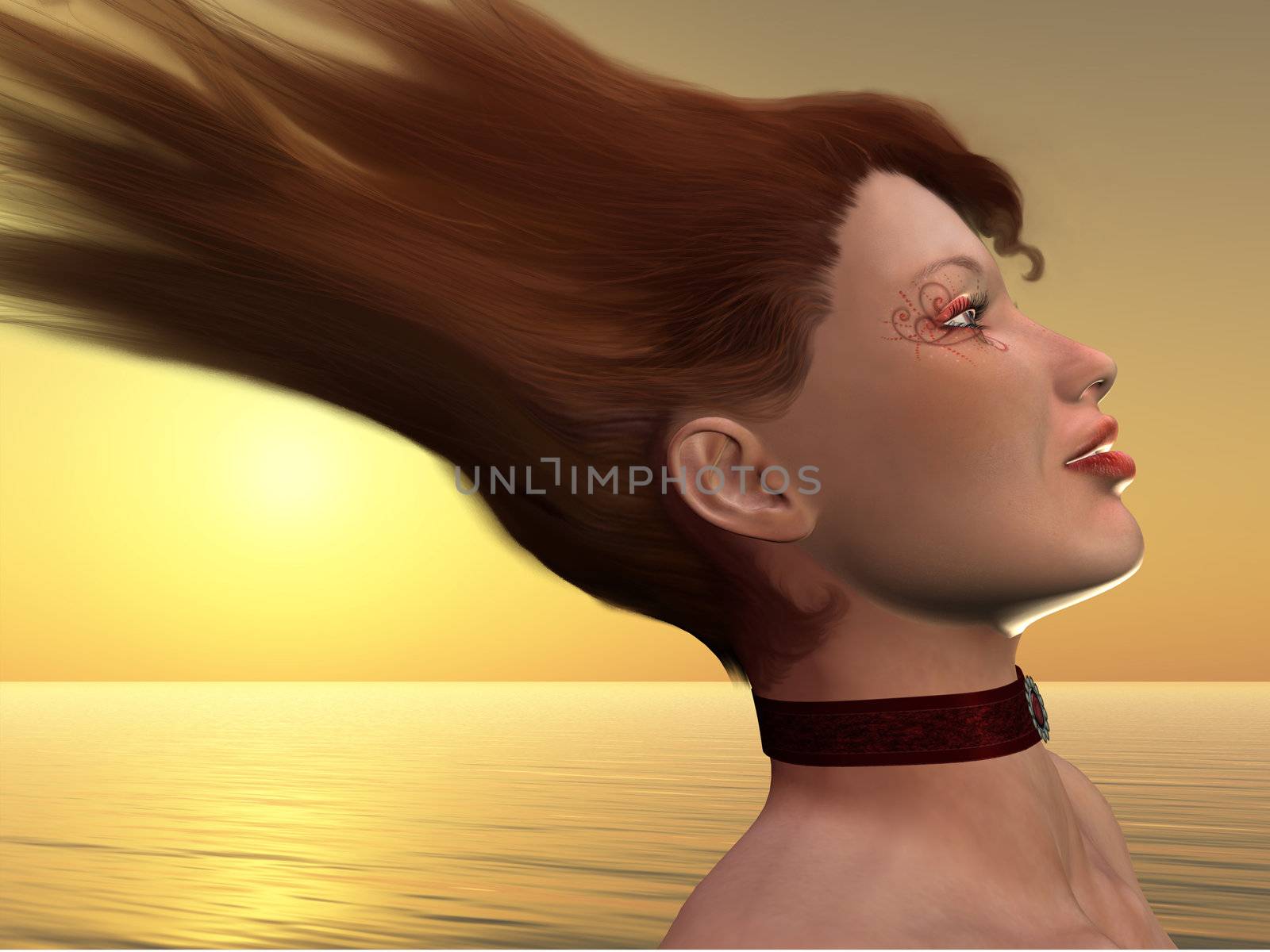 A redheaded beauty's hair flies in a wind gust by the ocean.
