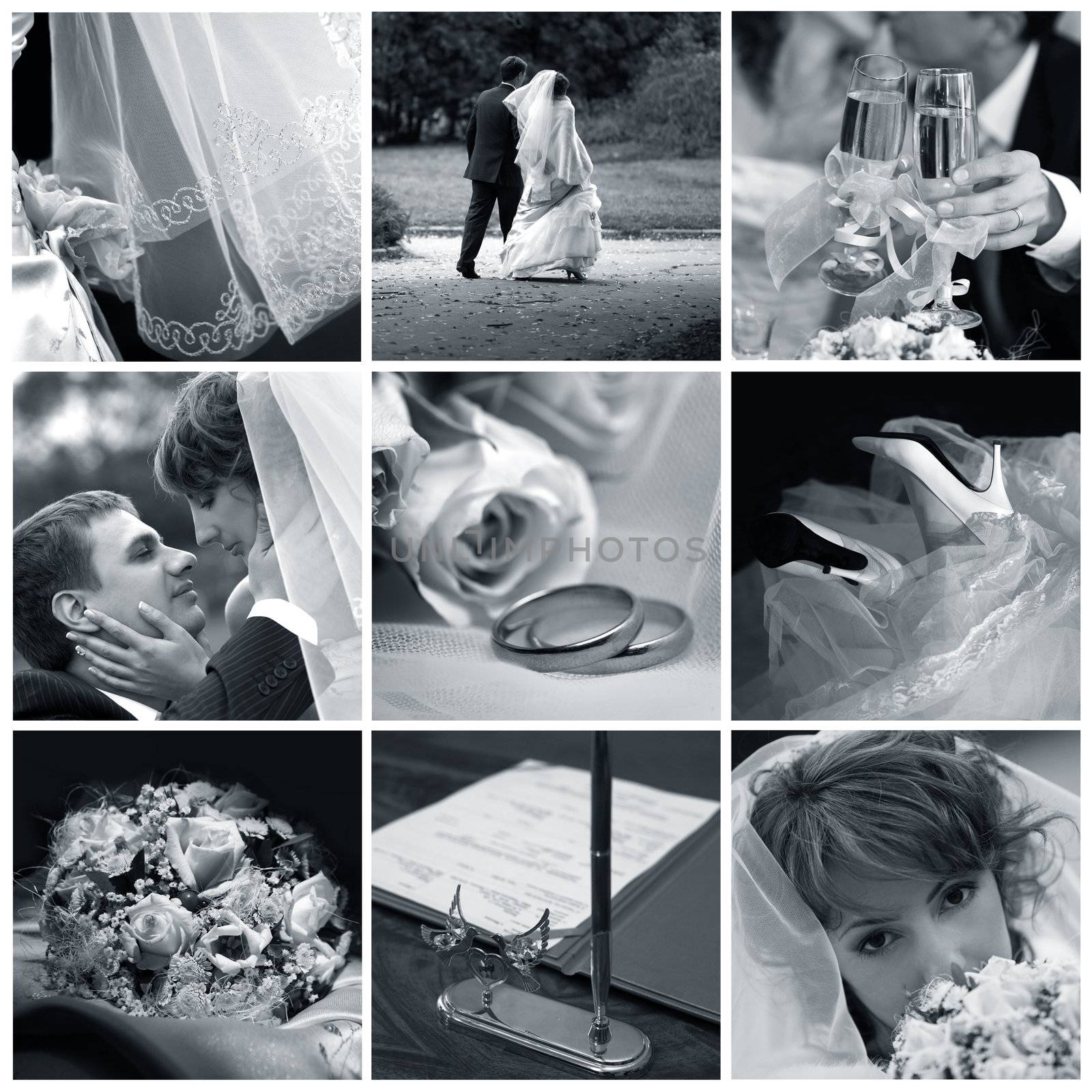 Collage of nine wedding photos in blue tone
