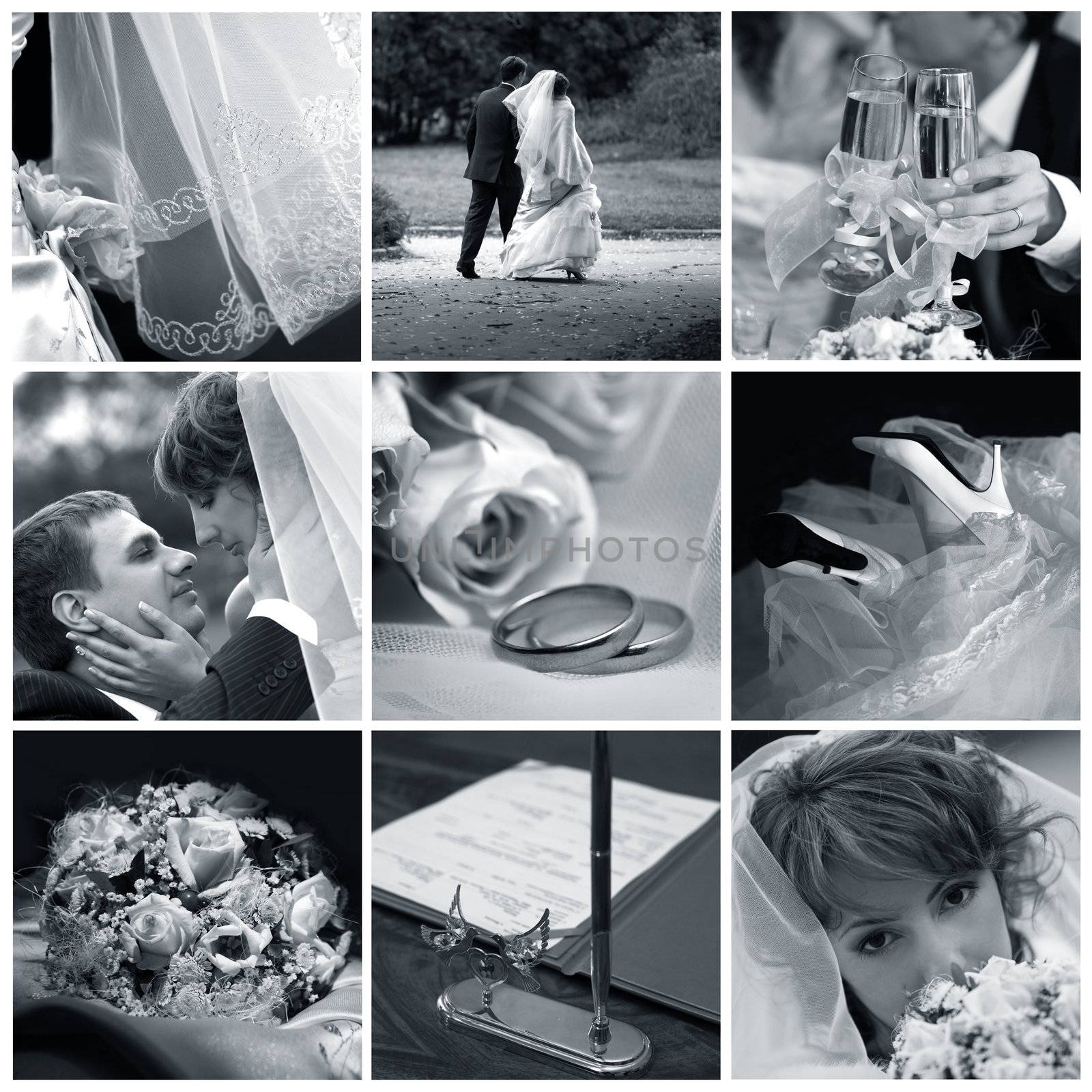 Collage of nine wedding photos by friday