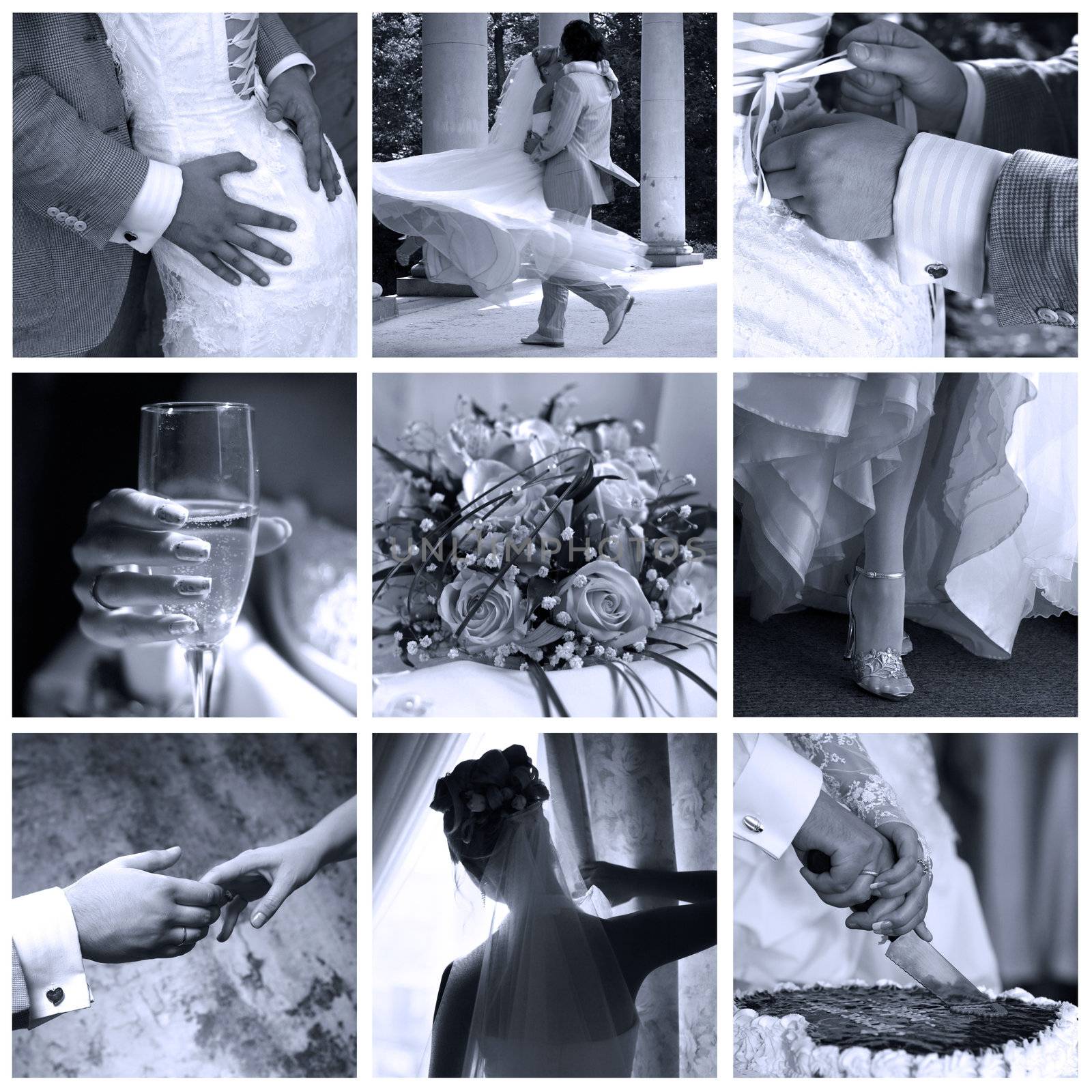 Collage of nine wedding photos in gentle - blue tone