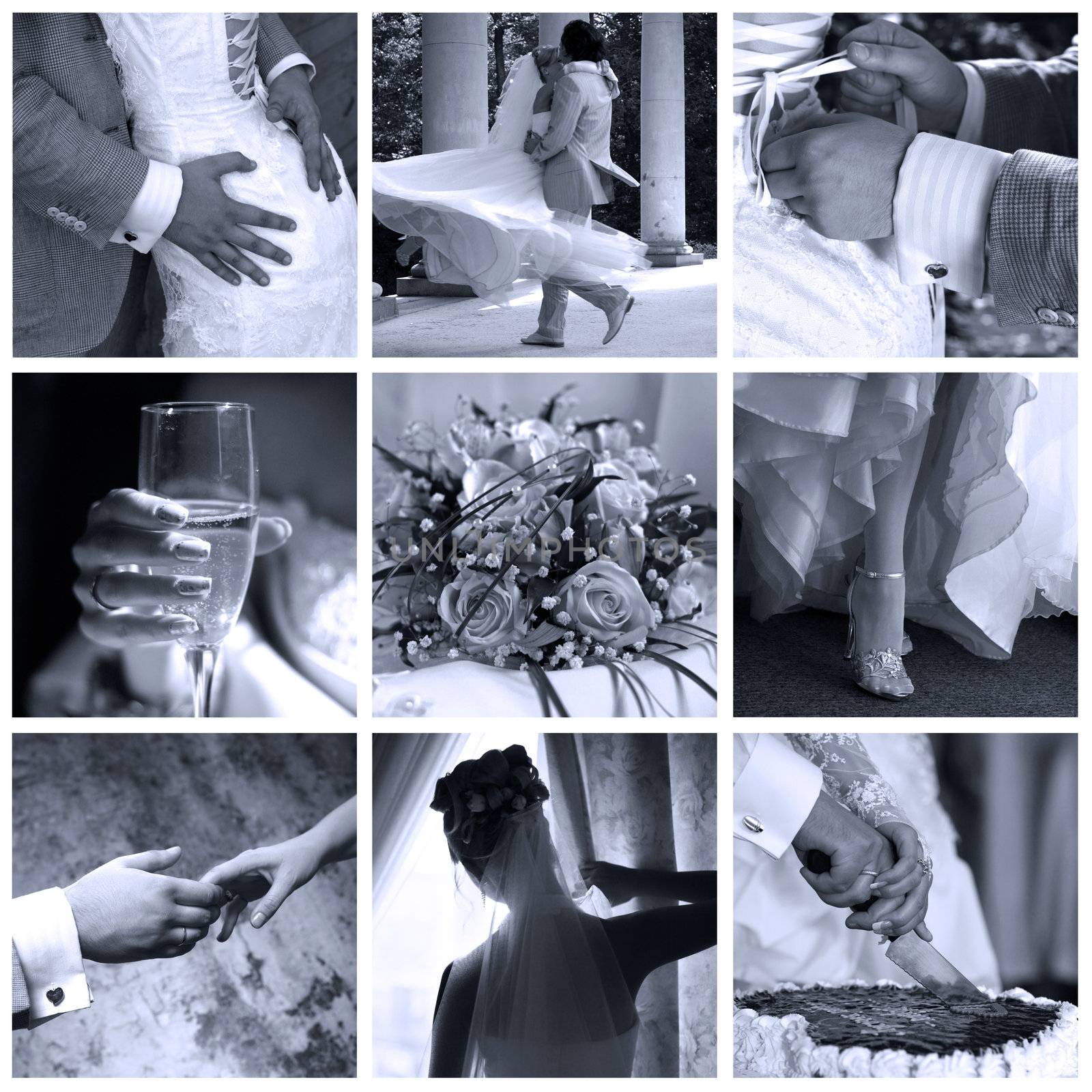 Collage of nine wedding photos by friday