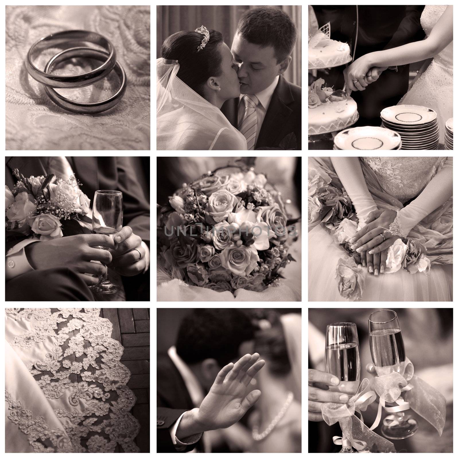 Collage of nine wedding photos by friday
