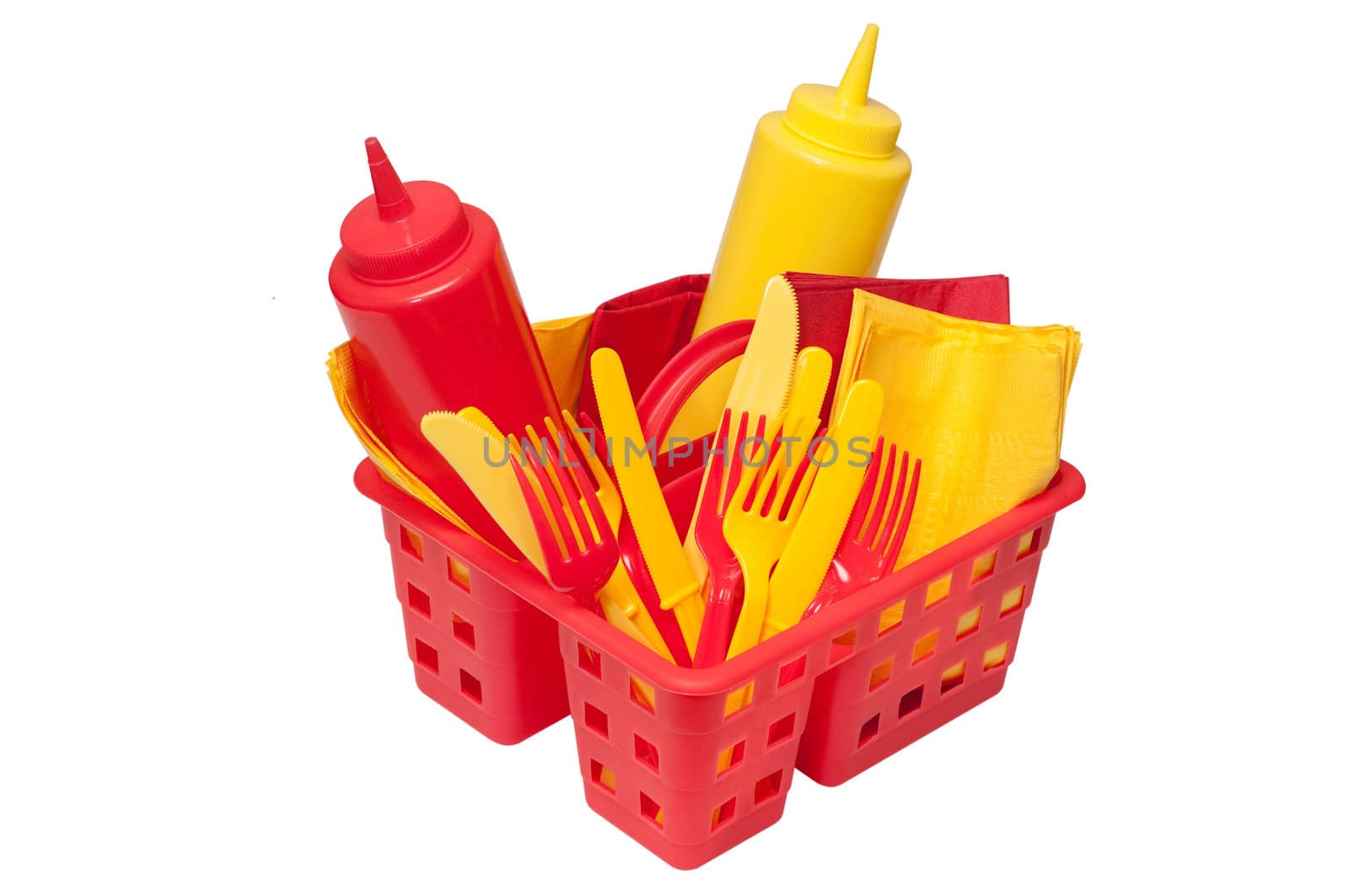 Ketchup, mustard, forks, knives, and napkins in basket. 