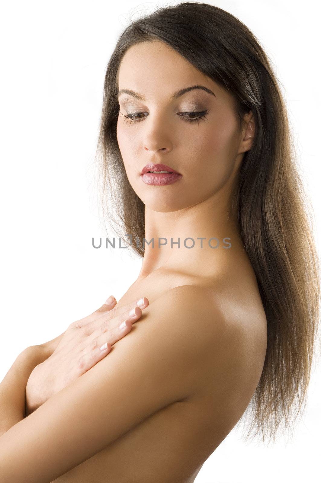 very beautiful girl with naked shoulder and hair long and free