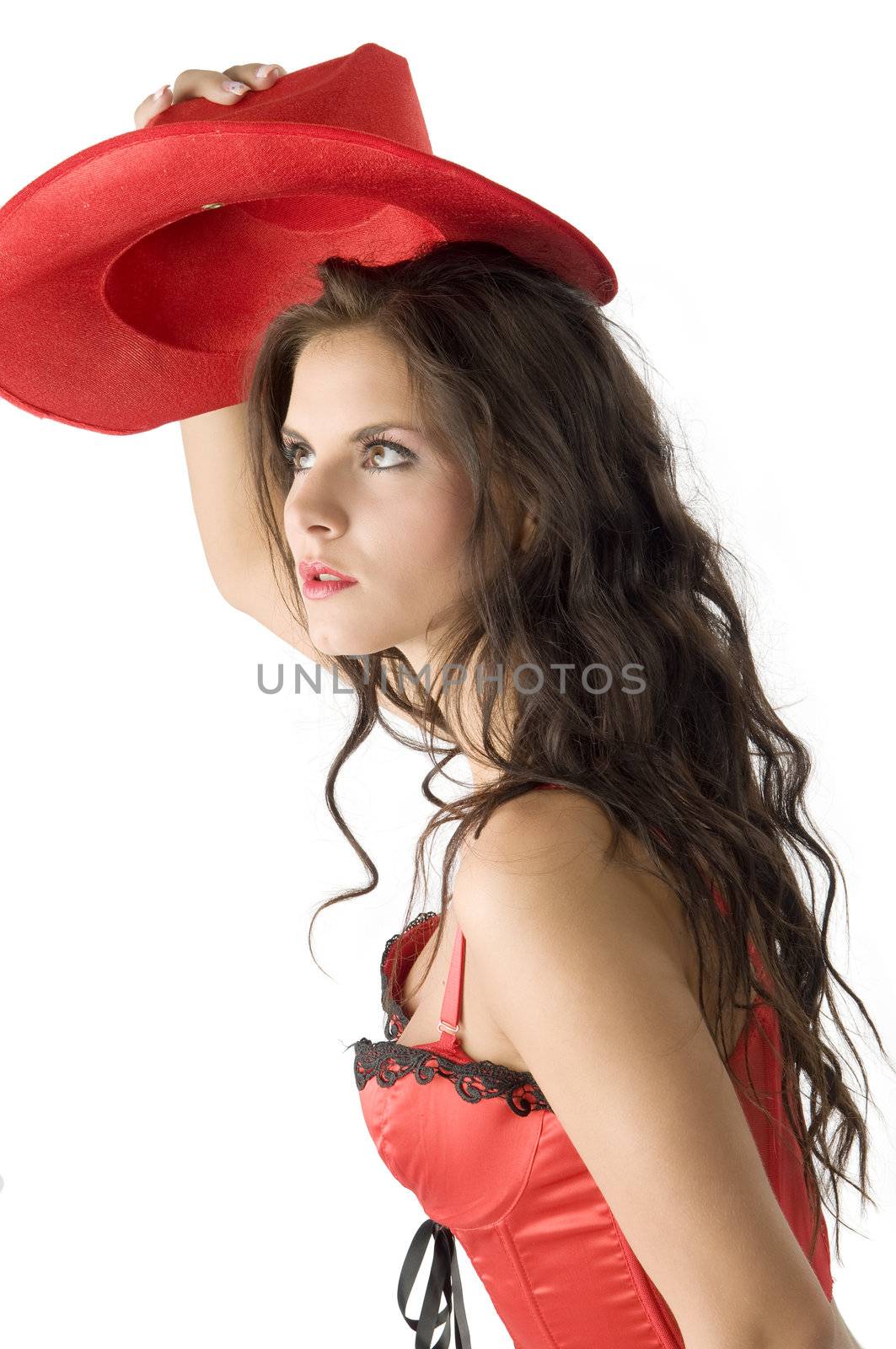 portrait of a cute girl with black hair and red hat