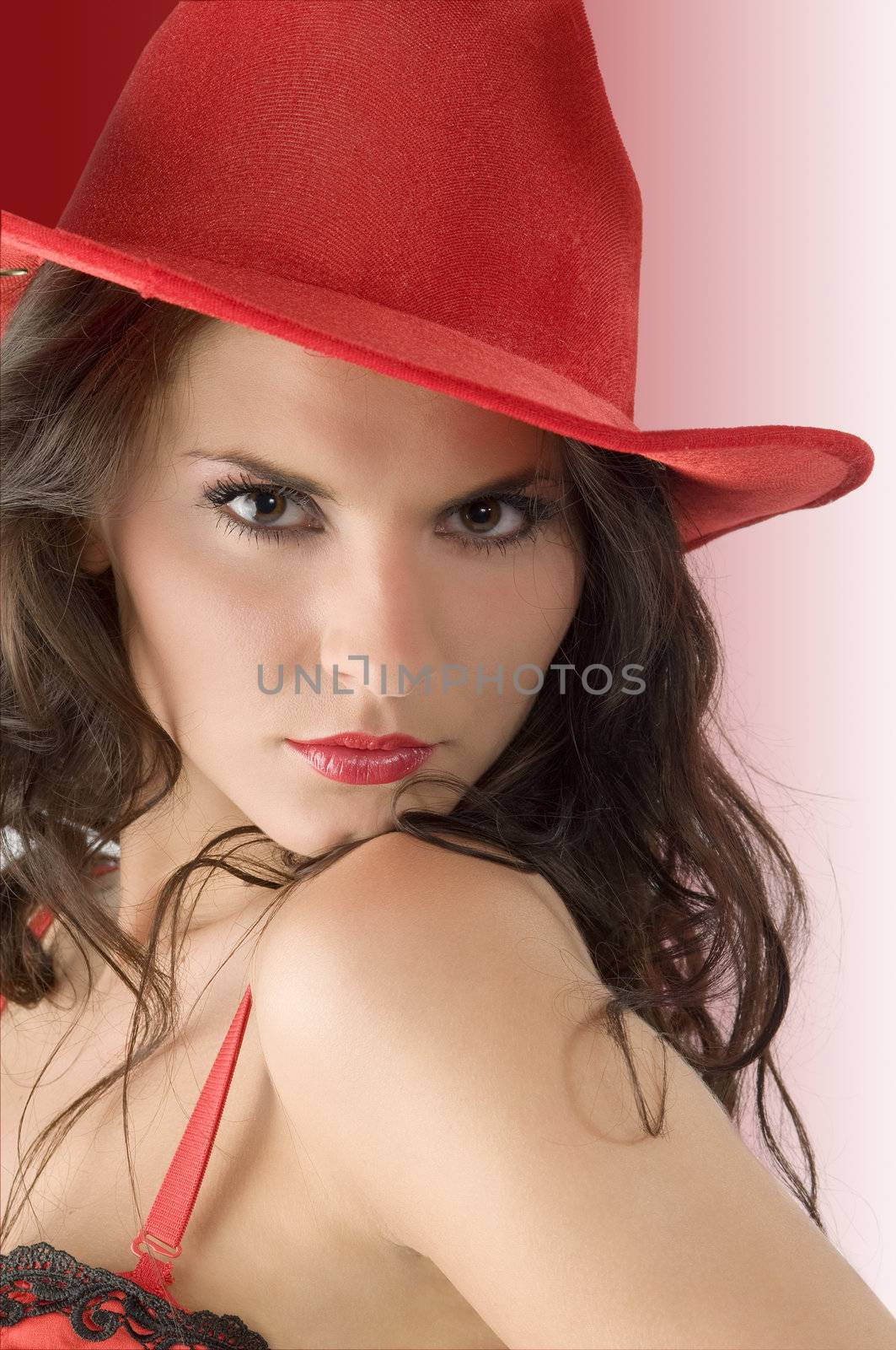 nice portrait of a cute girl with black hair and red hat