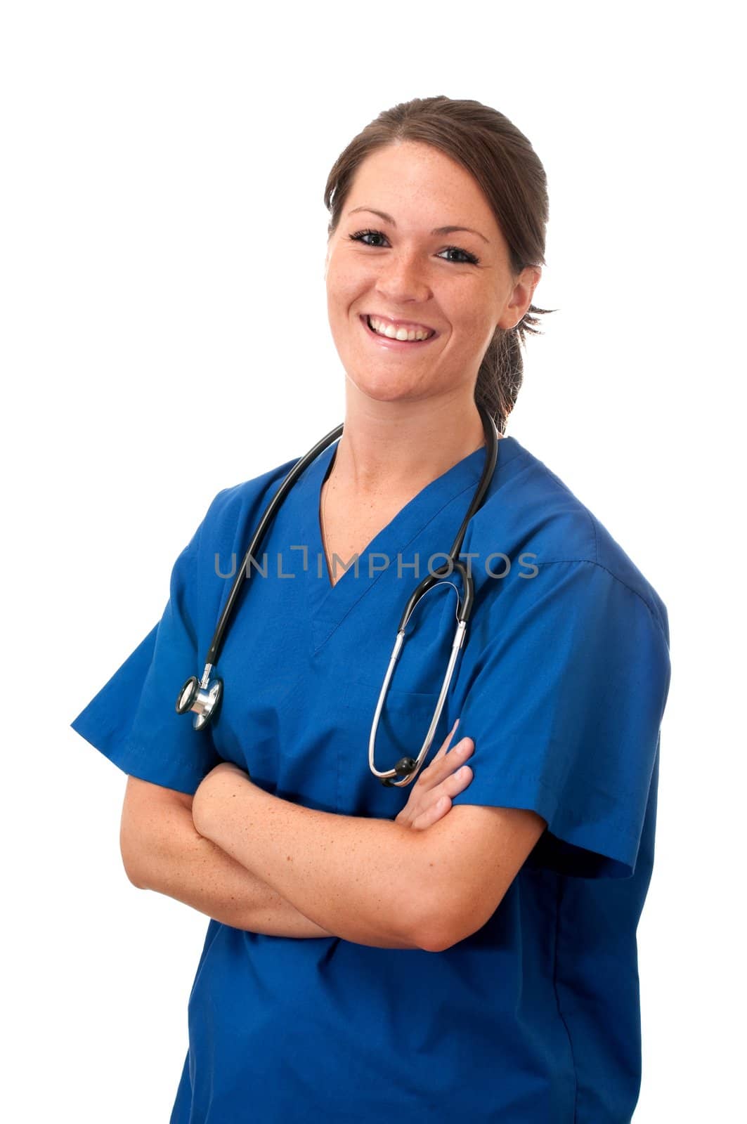 Female nurse with stethoscope isolated on white background.