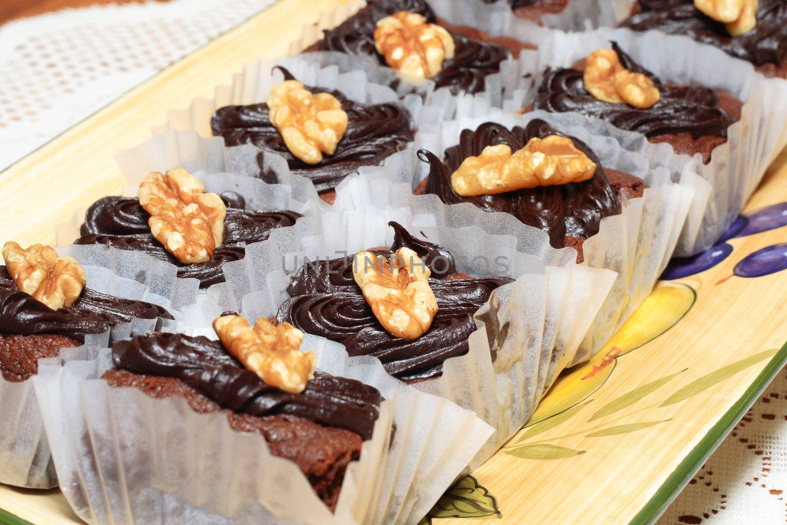 closeup of brownie fudge with pecan nuts
