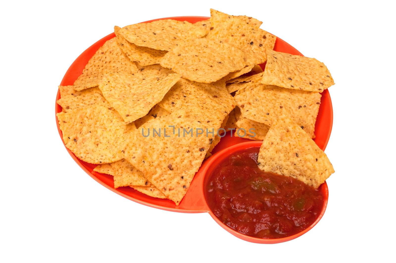 Tortilla chips and salsa on plate isolated on white background with clipping path.