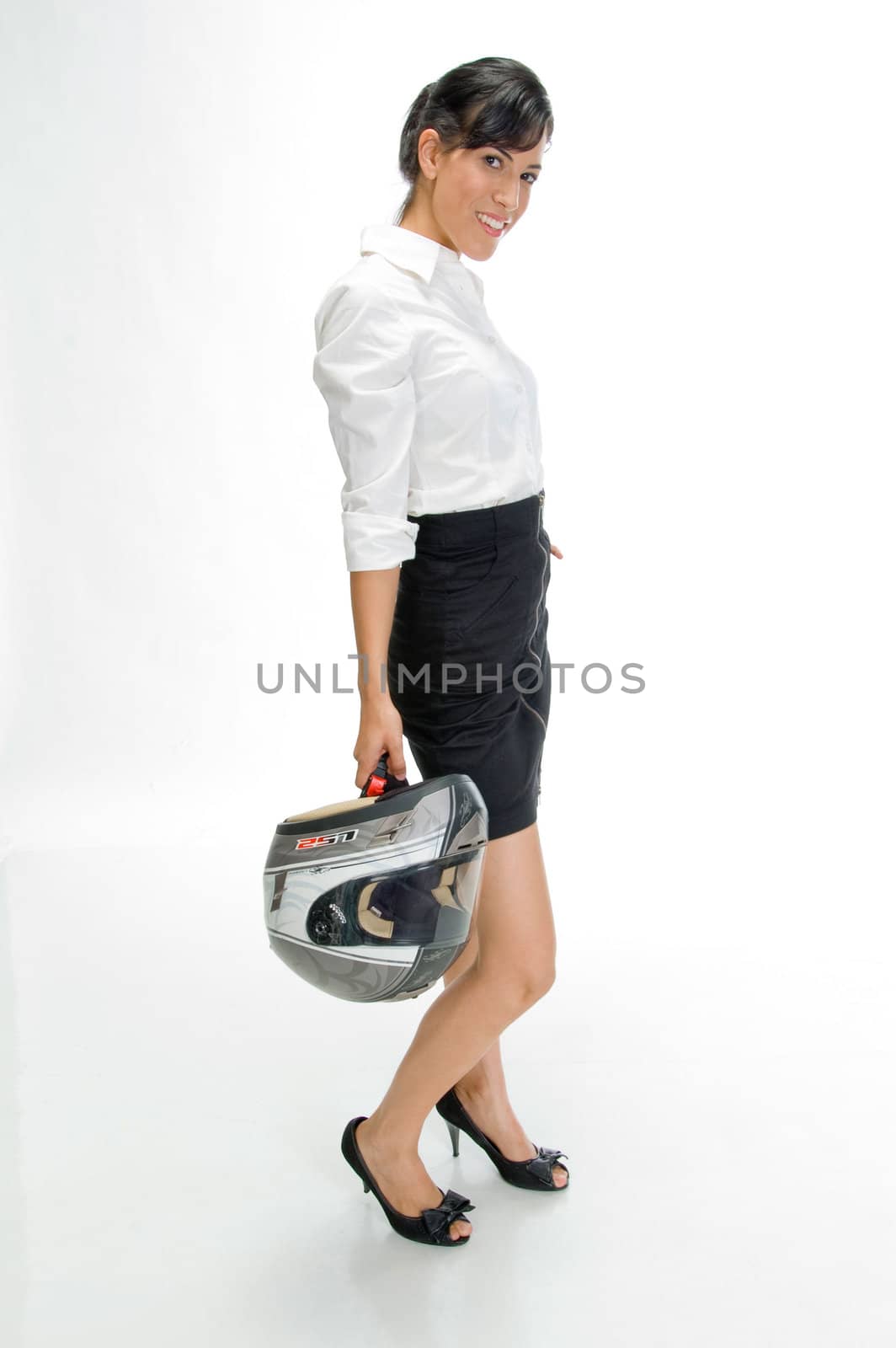 female model holding helmet with white background