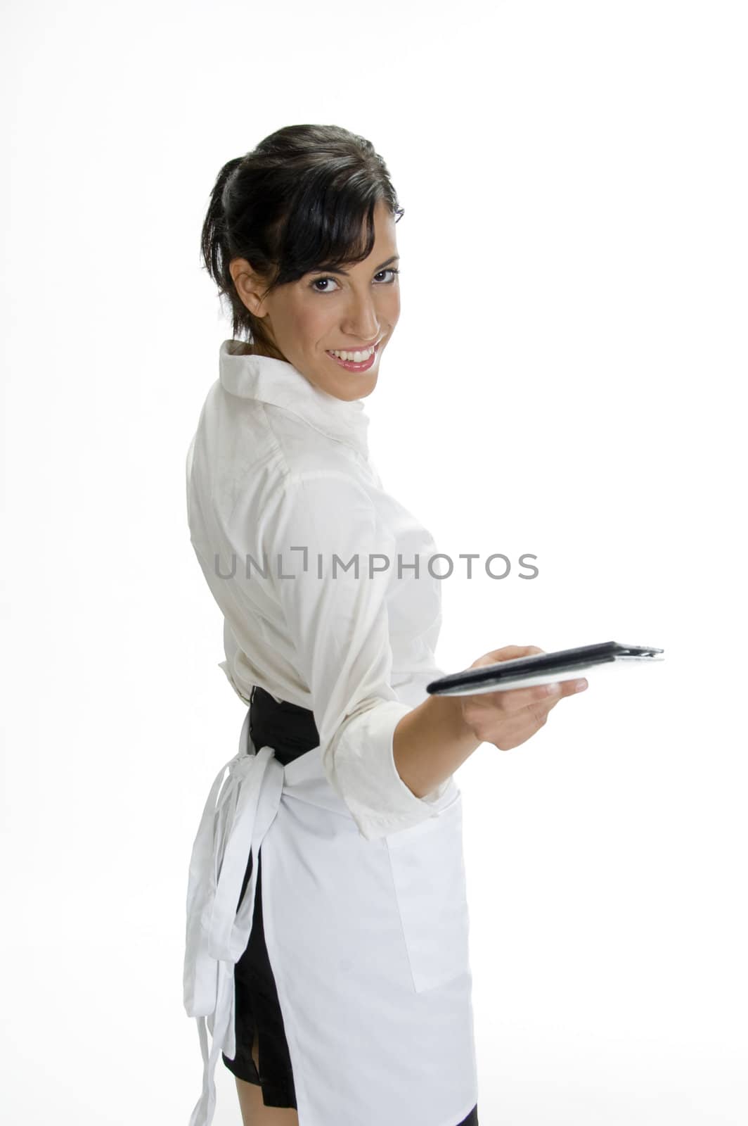 smiling waitress showing bill book on white background