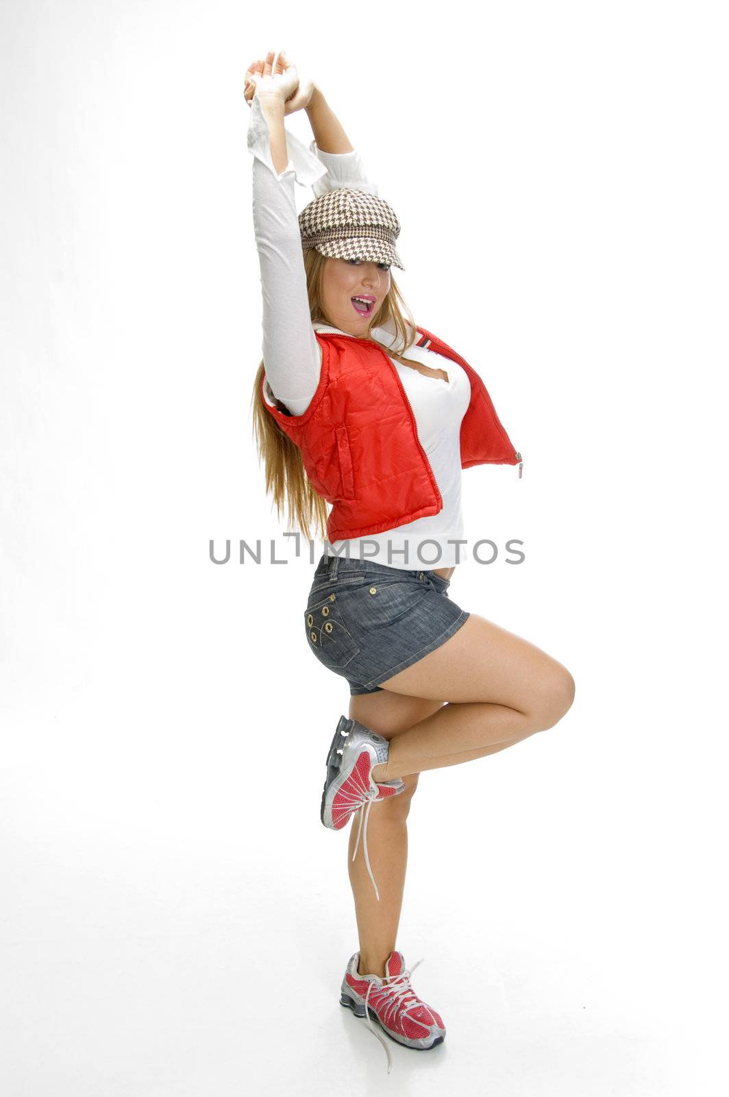 side pose of beautiful model posing against white background