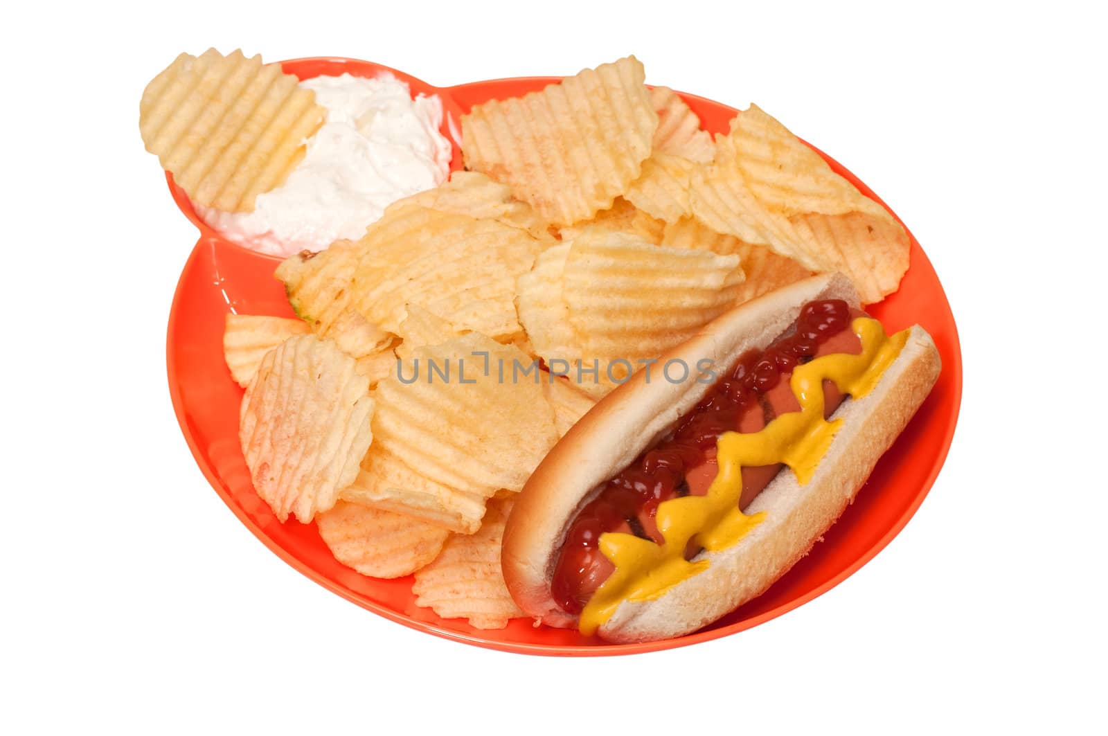 Hot dog with potato chips and dip isolated on white background with clipping path.