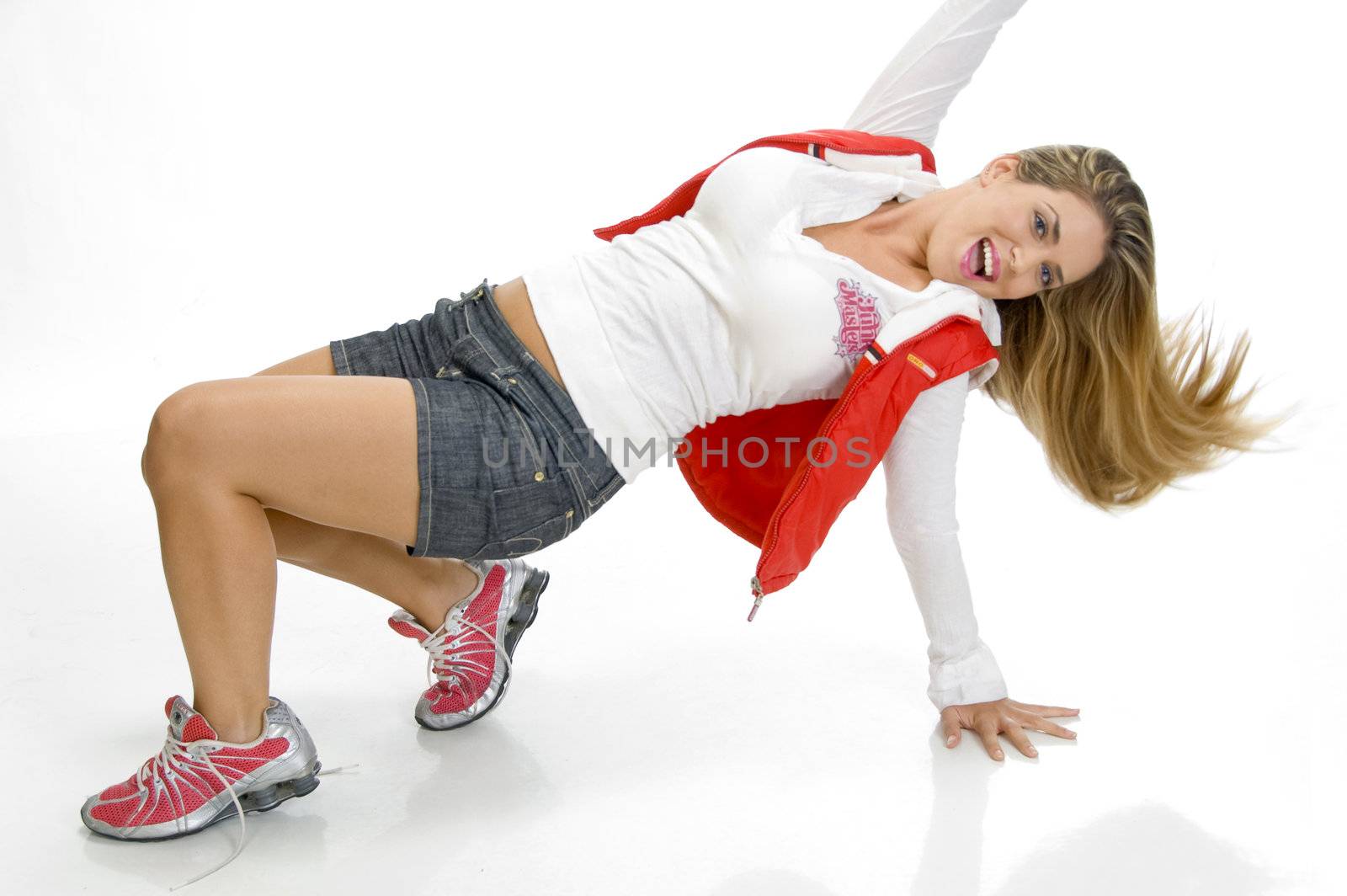 attractive female in lying pose on white background