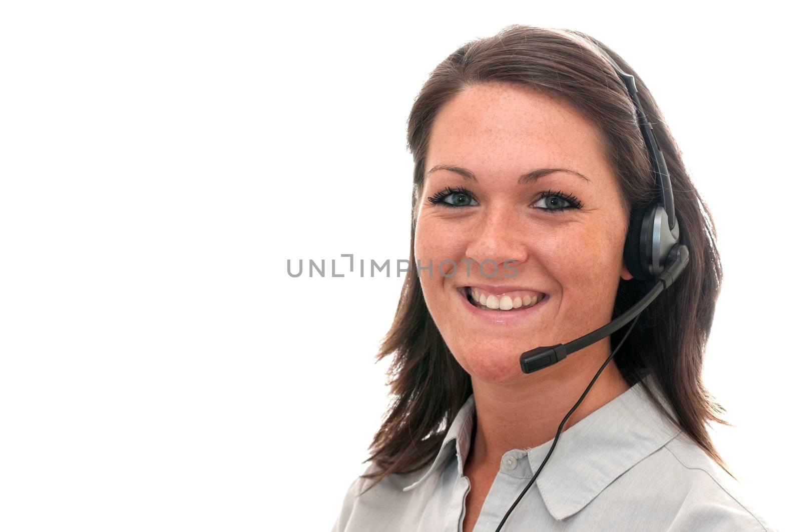 Customer service representative with headset isolated on white background with copy space.