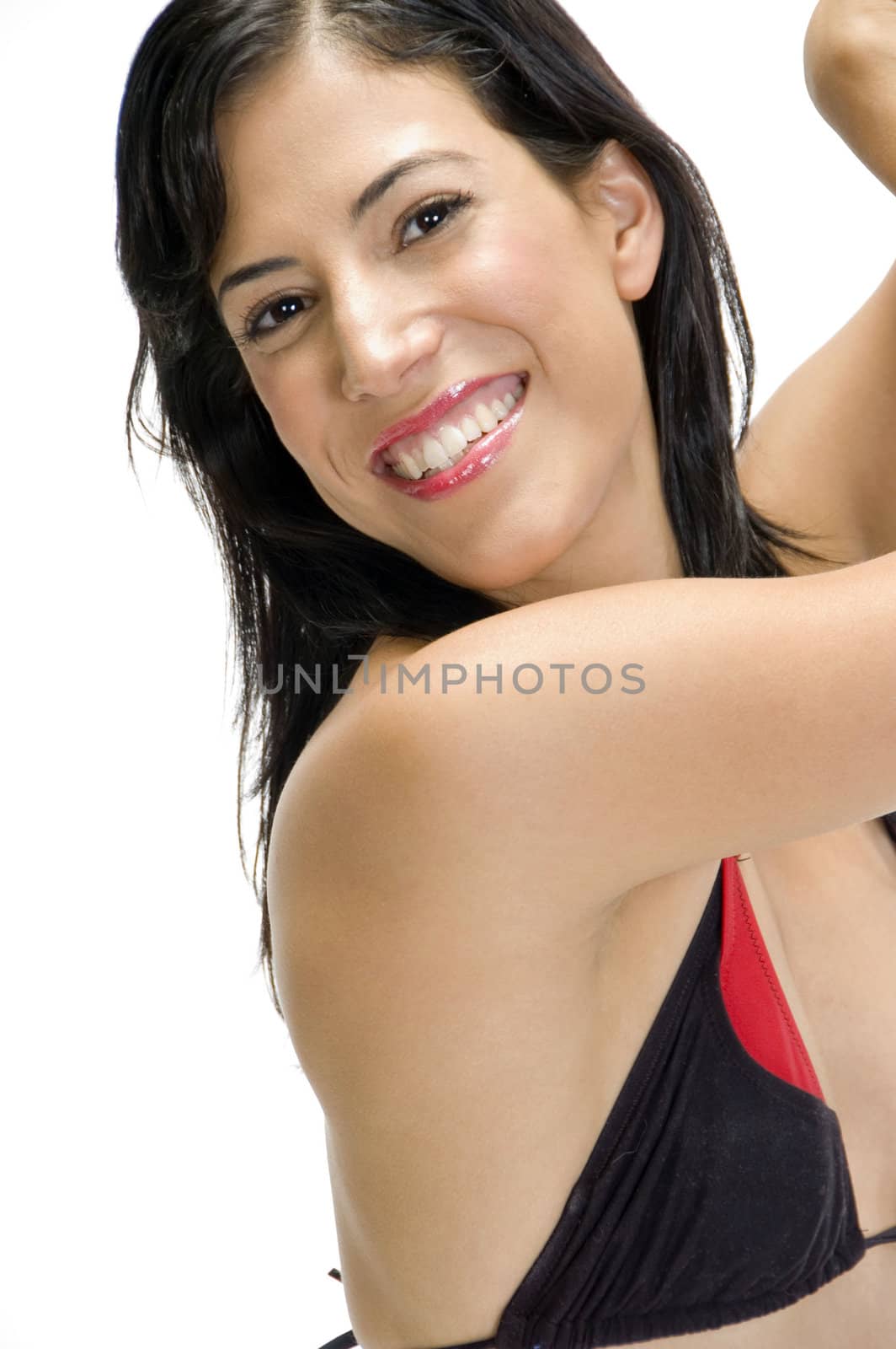 close up of smiling pretty woman with white background