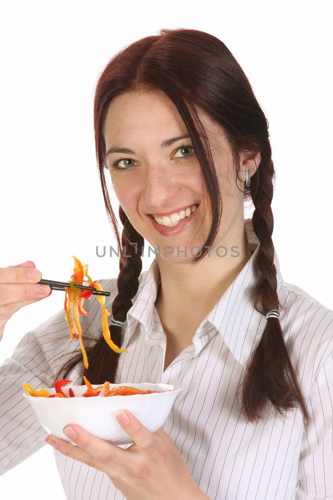 Beautiful woman eating with chopsticks, chinese food