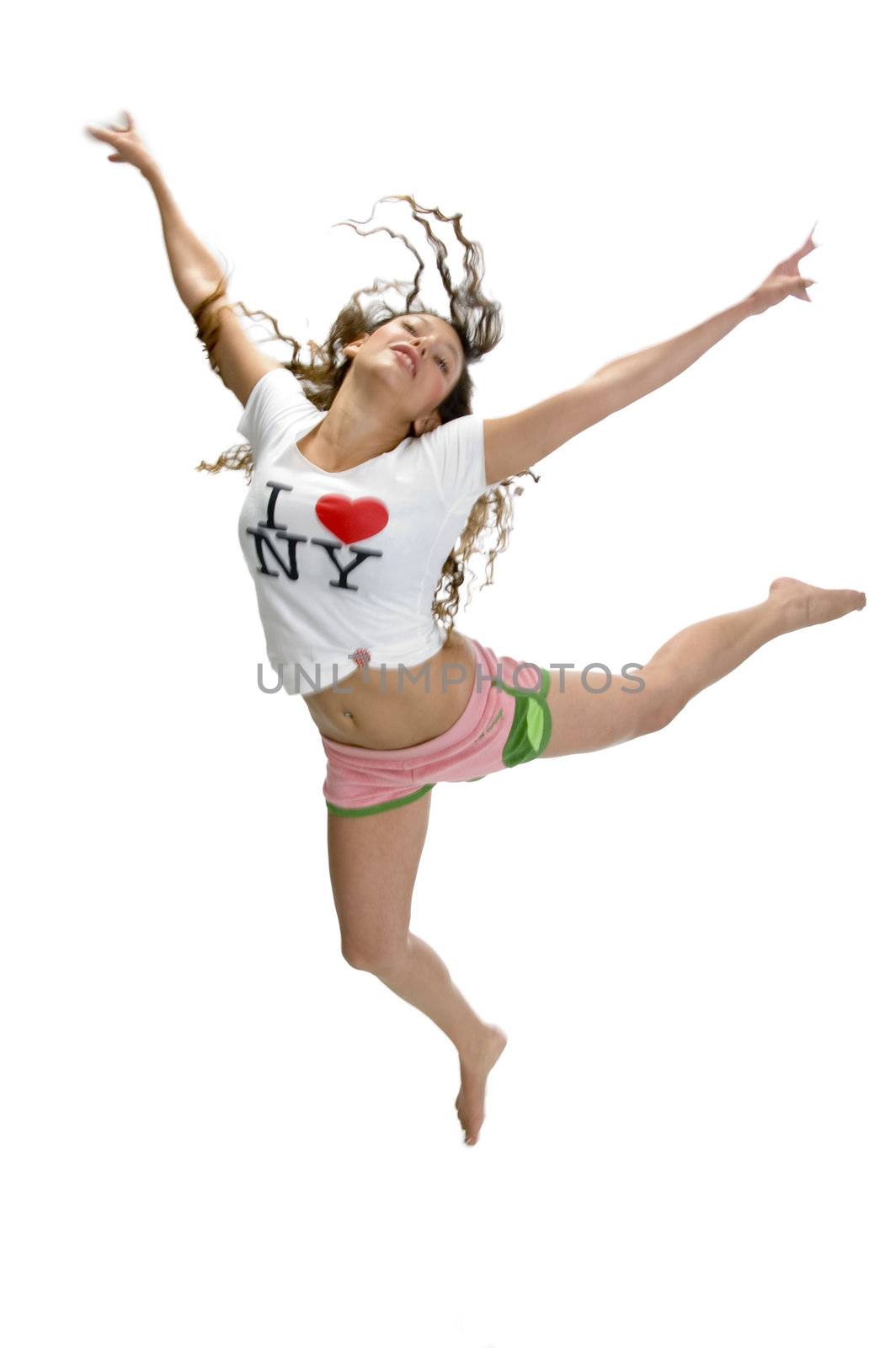 woman in flying pose with white background