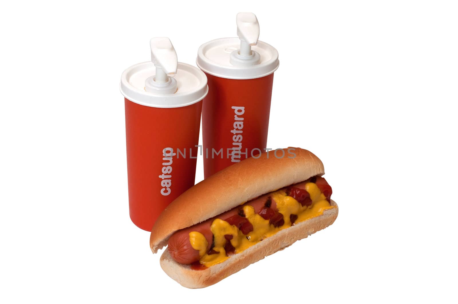 Hot dog with ketchup and mustard and condiment bottles  isolated on white background with clipping path.  