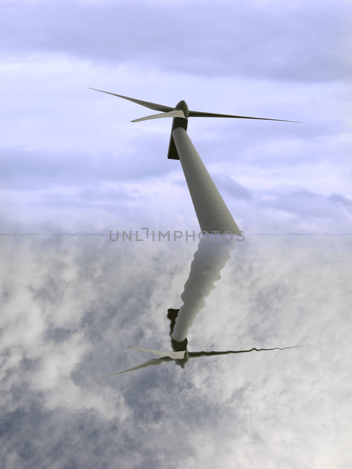 a wind turbine against a calm cloudy sky reflected in the water