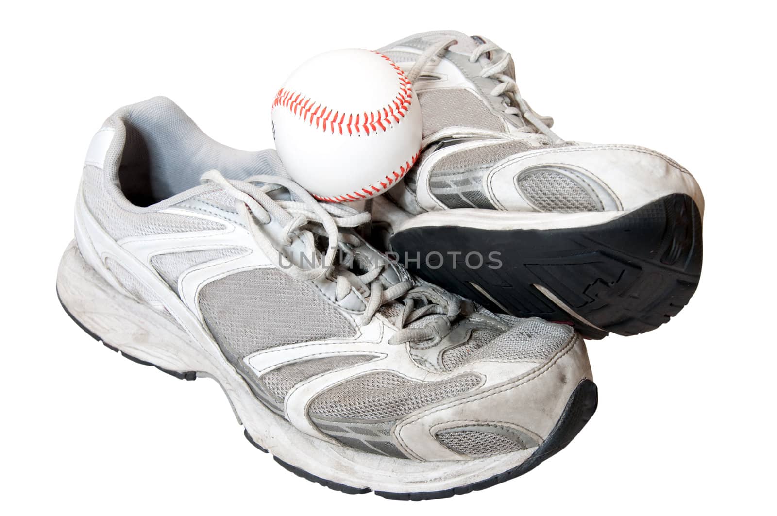 Old shoes and baseball isolated on white background with clipping path.