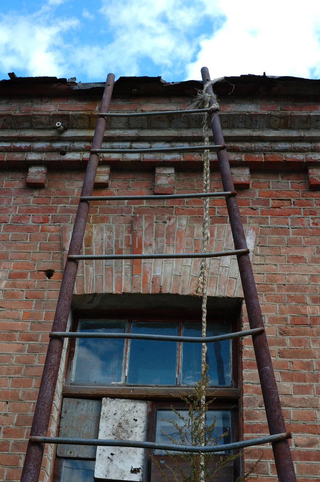 Rusty metal ladder on old building. by alexpurs