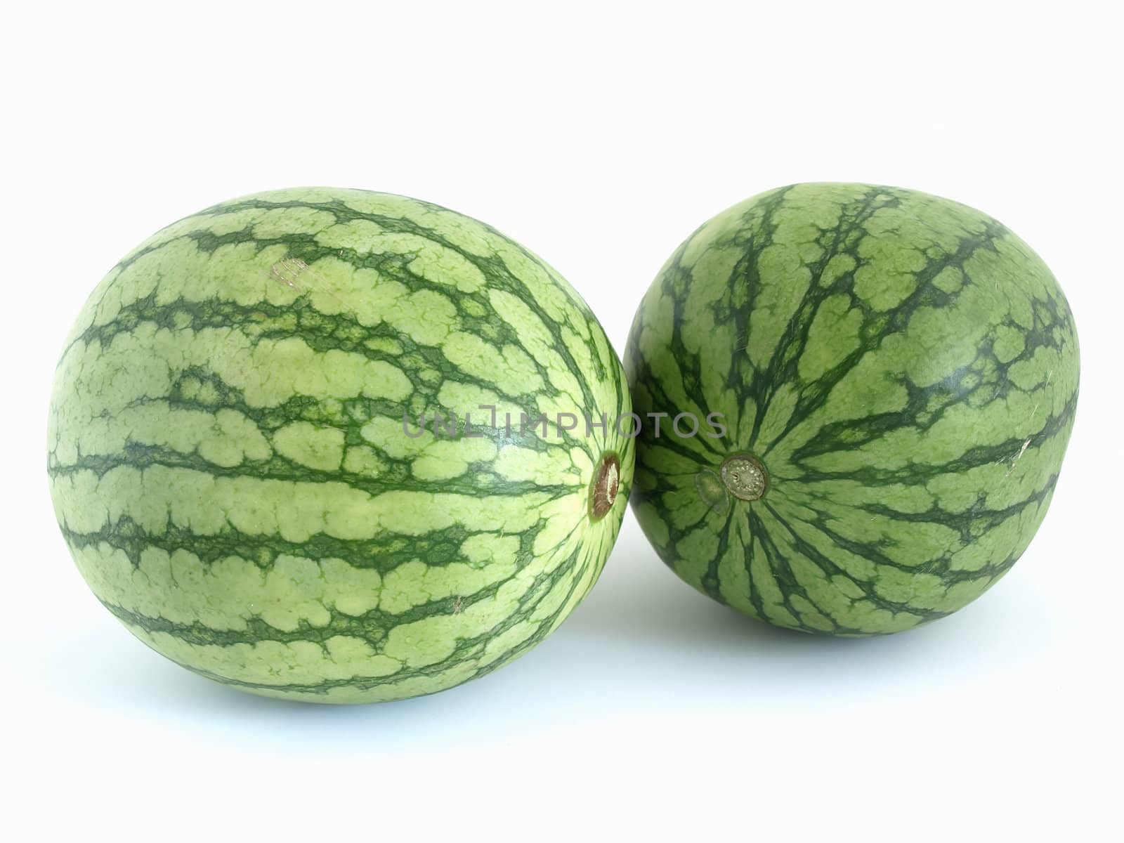 Two isolated green watermelons studio isolated against a white background.