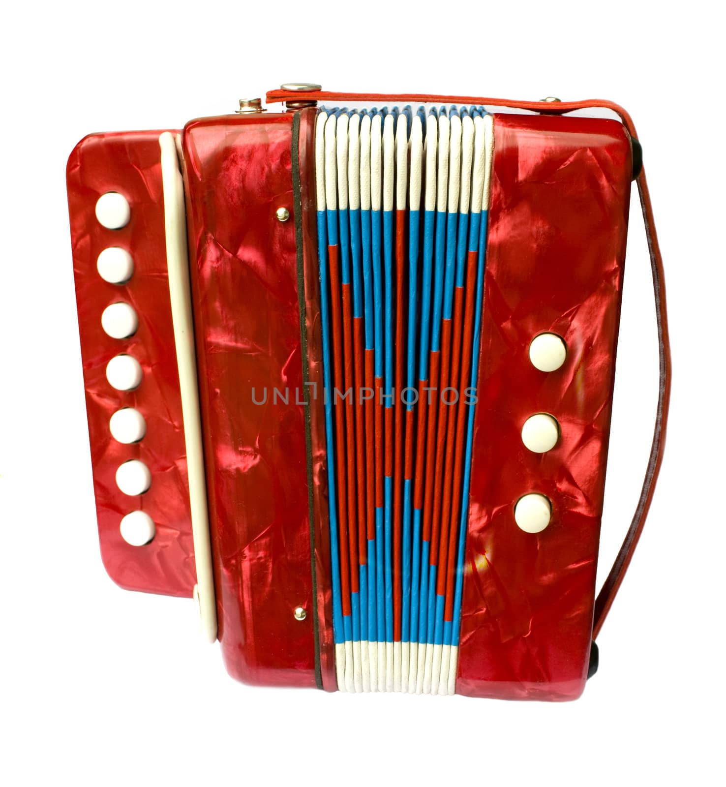 A small red children's accordion isolated on white background