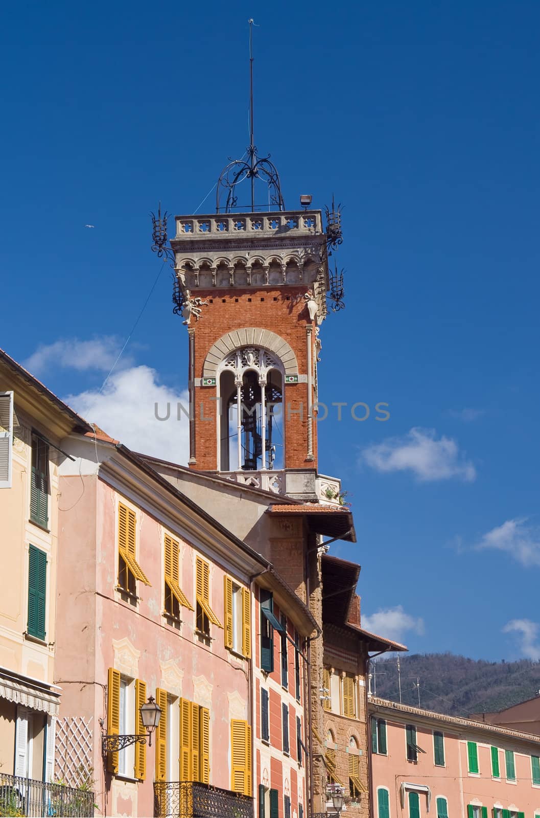 characteristic homes in Sestri Levante, with the tower of Palazzo Fasce