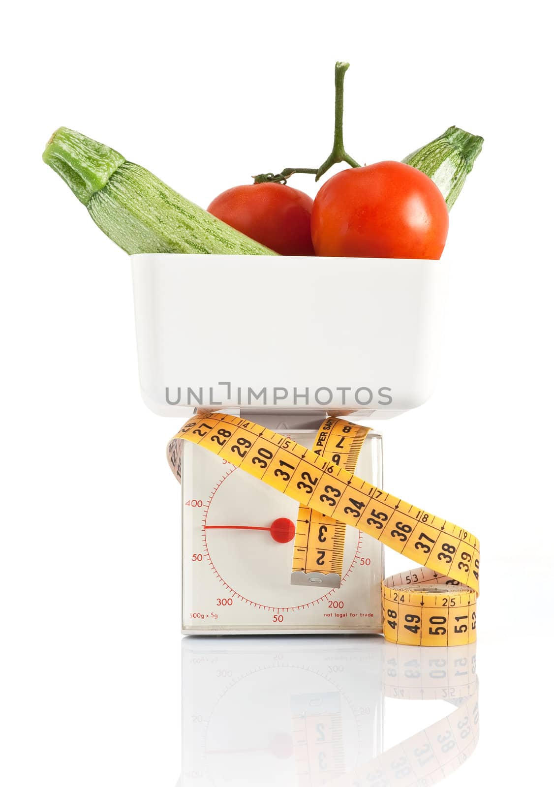 vegetables on kitchen scale isolated on white background with clipping path