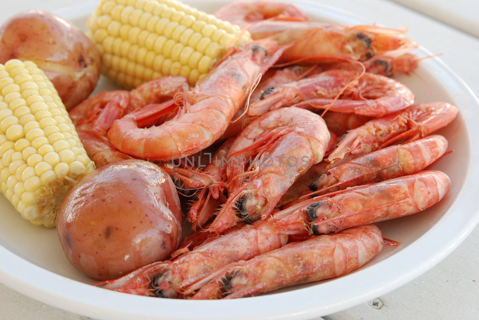 Royal reds shrimp with corn on plate.