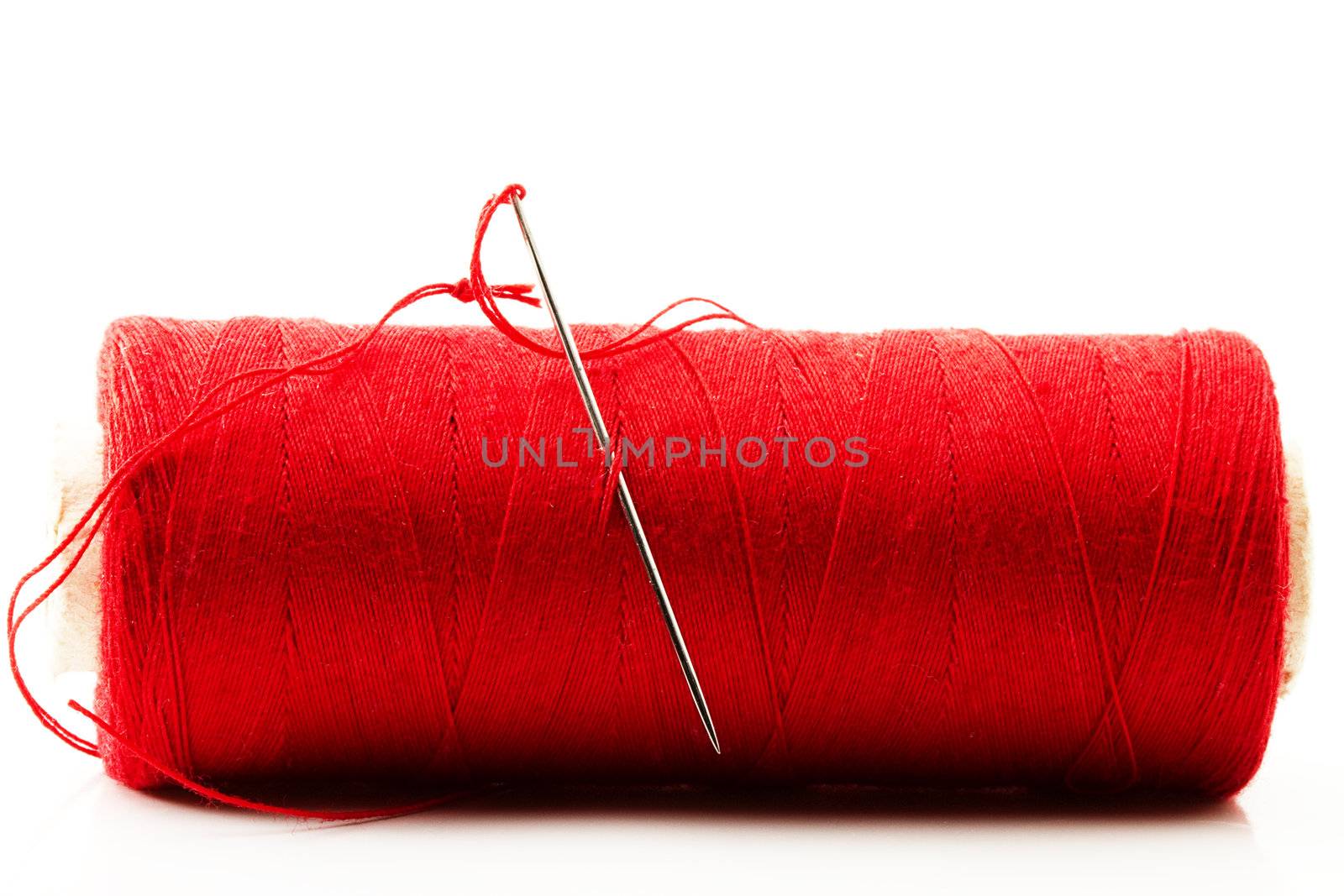 one needle and red stitch on white background 