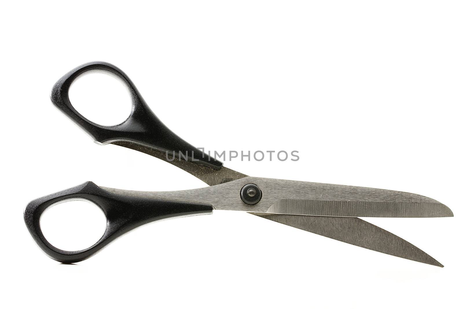 one scissor with black handgrip on white background