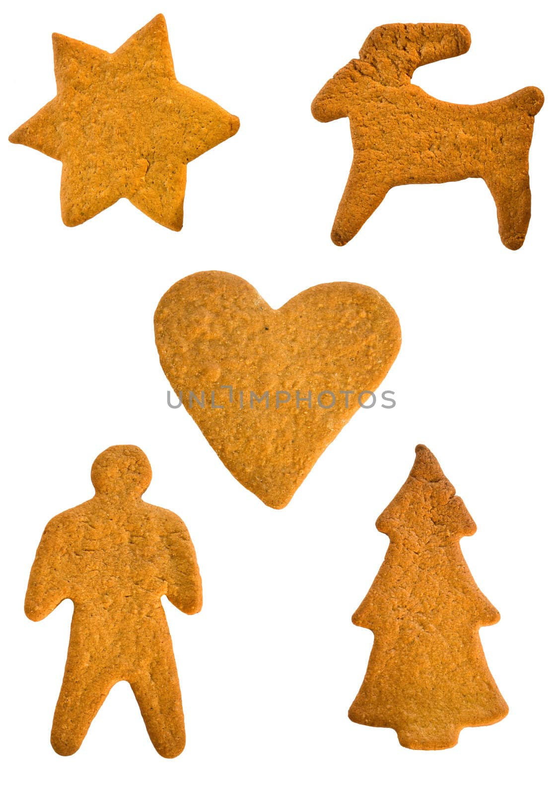 Traditionally shaped homemade gingerbread cookies isolated on white background.