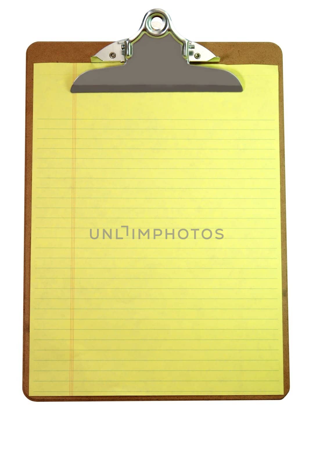 Clipboard with blank yellow paper isolated on white background with clipping path.