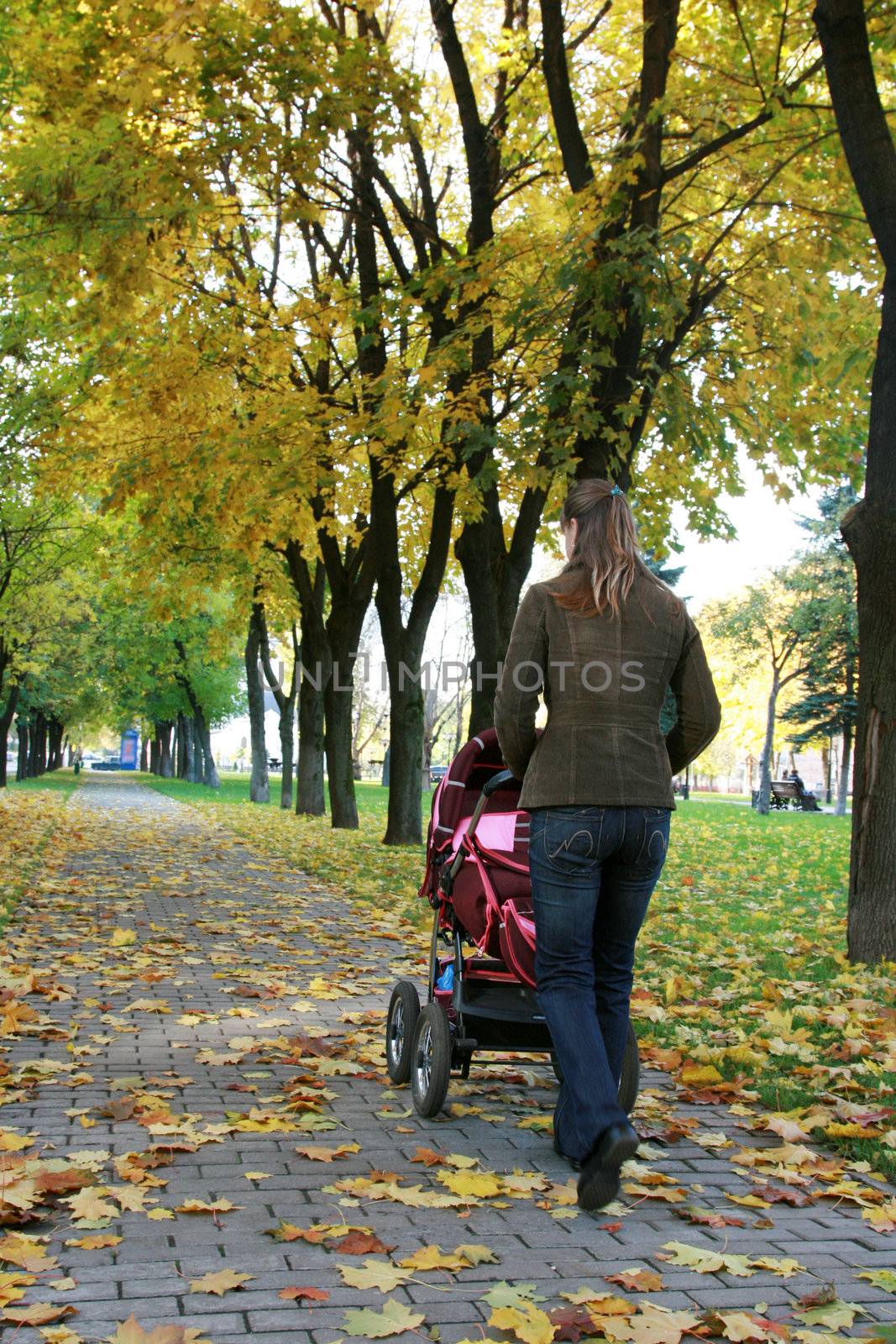 Young mother walks in park with the child