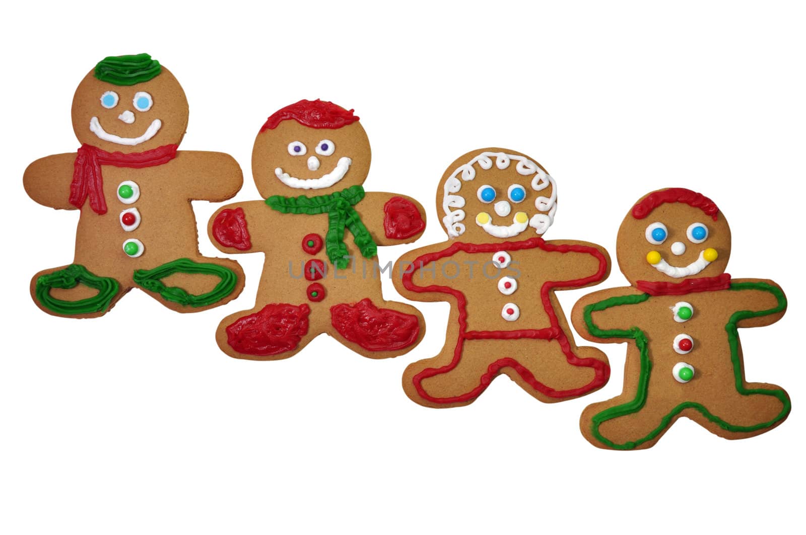 Four decorated gingerbread cookies isolated on white background with clipping path.