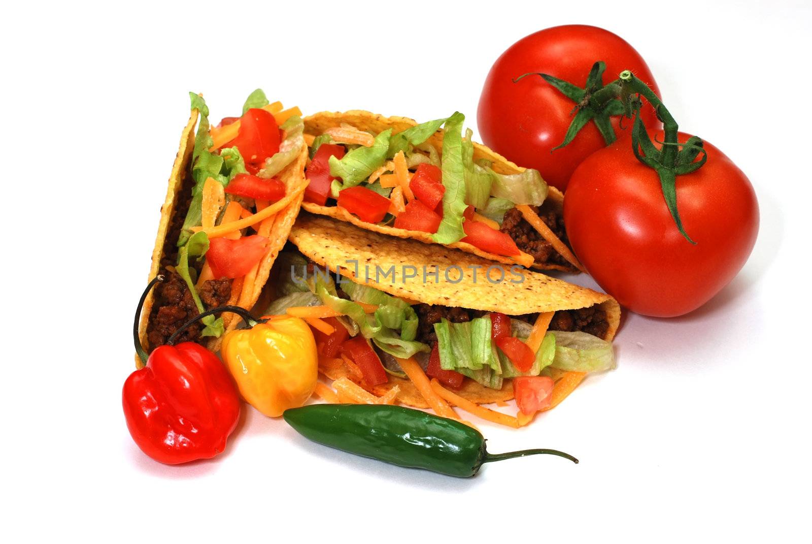 Tacos with tomatoes, habanero and serano peppers.  Isolated on white background.