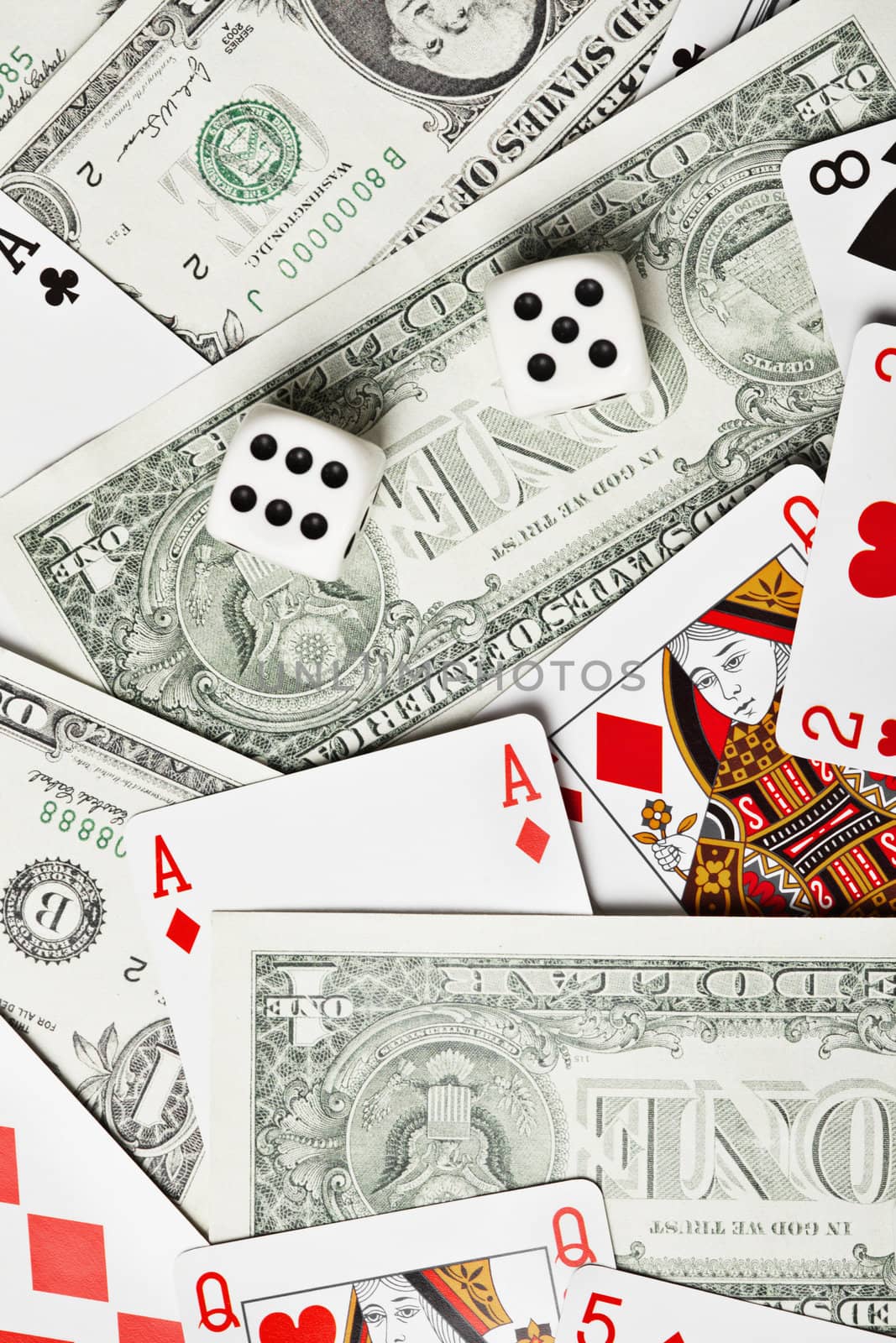 Background of the money, dice and playing cards