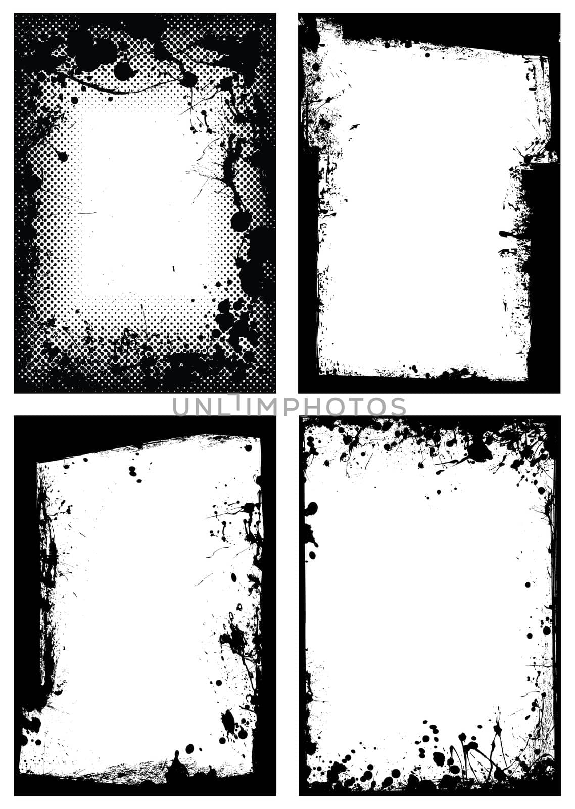 Black ink grunge border with white background and splat effect
