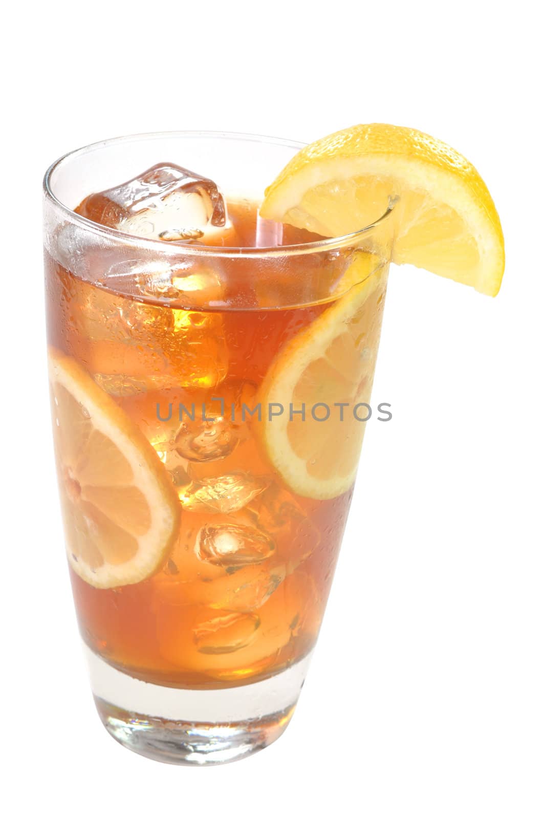 Glass of iced tea with lemons.  Isolated on white background with clipping path.